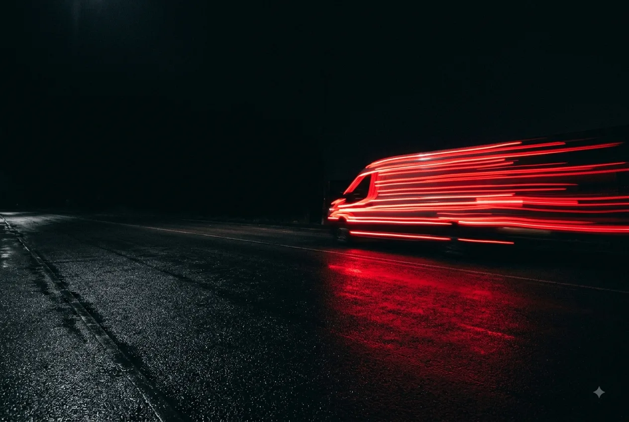Bus WOBU Logistics w nocnej scenerii, czerwone smugi świateł